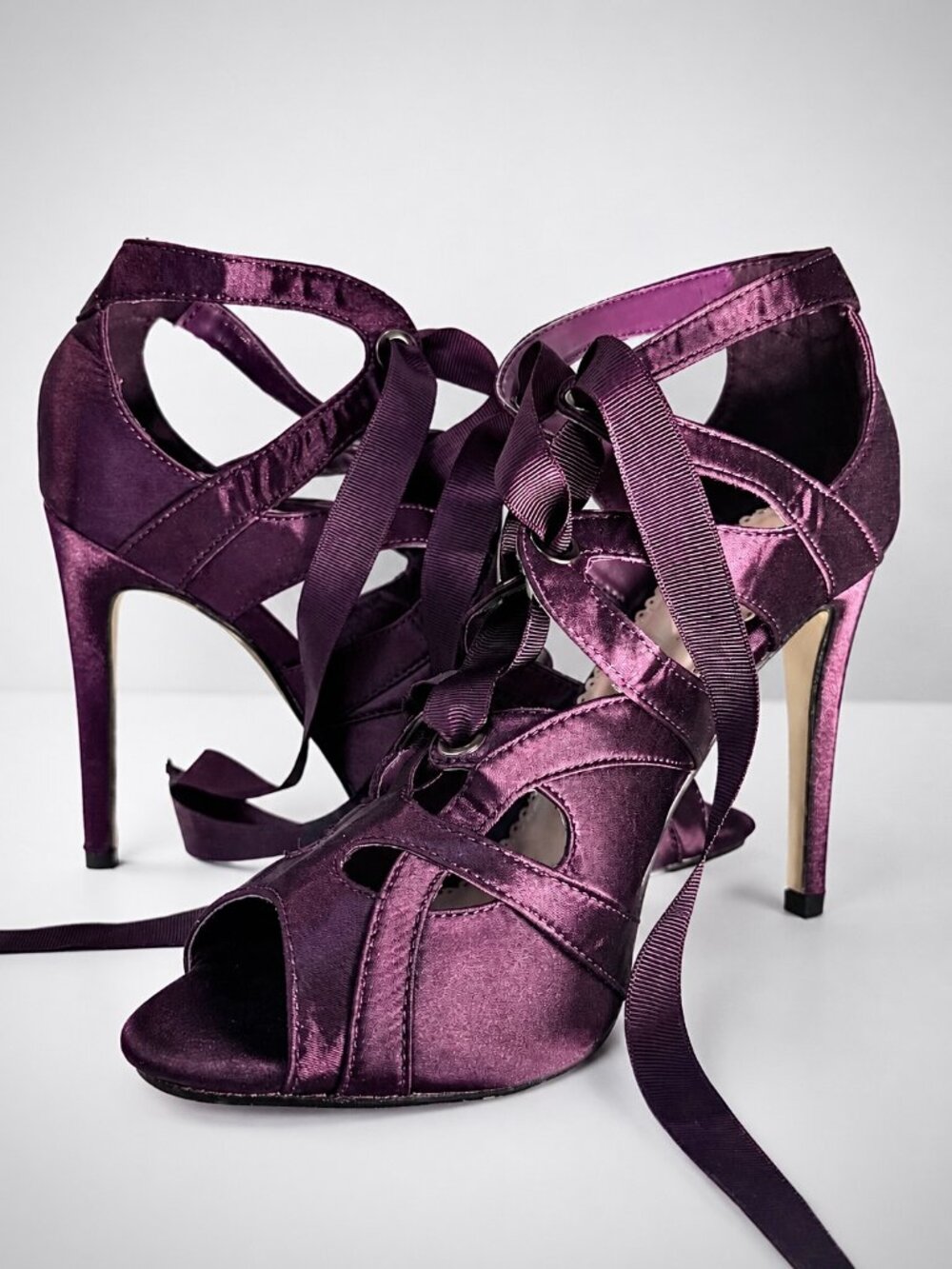Madison by ShoeDazzle Purple Satin Lace-Up Stiletto Heels | Size 8